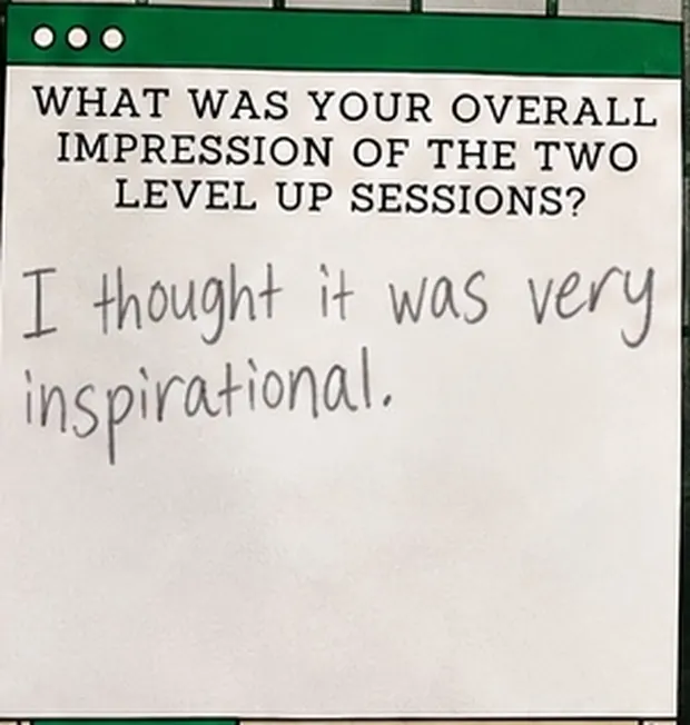 Handwritten student response to the question “What was your overall impression of the two Level Up sessions?”. The student wrote: “I thought it was very inspirational.”