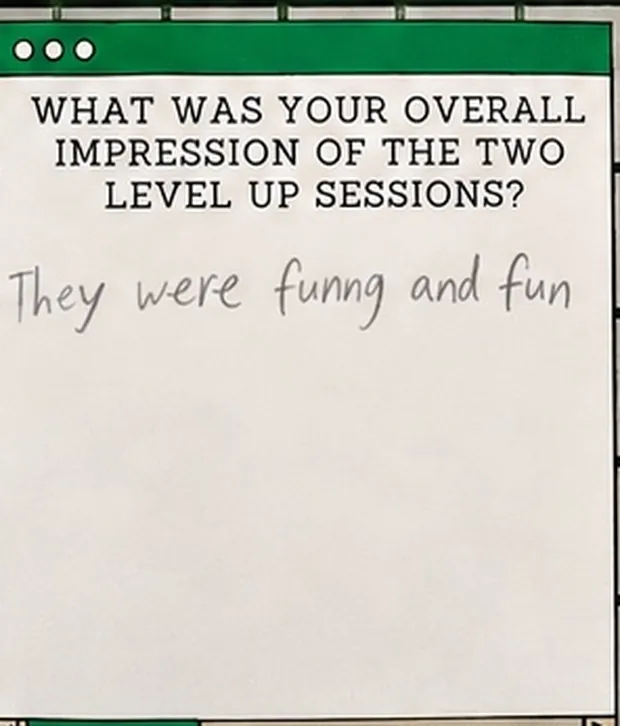 Handwritten student response to the question “What was your overall impression of the two Level Up sessions?”. The student wrote: “They were funng and fun”